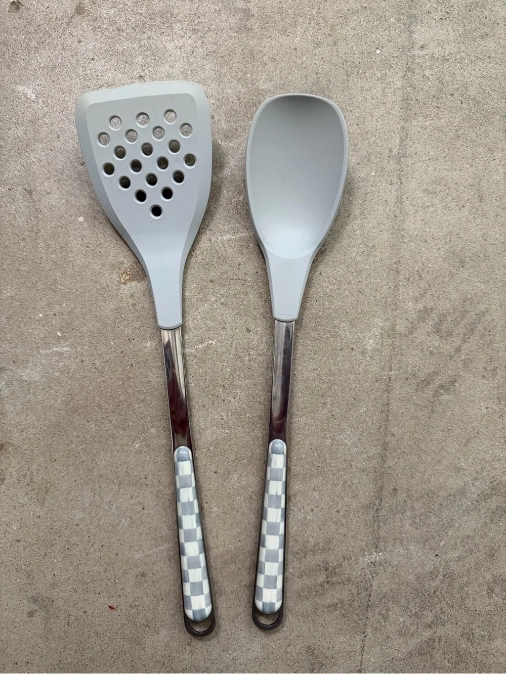 Mackenzie Childs spatula and spoon kitchen utensils - grey check